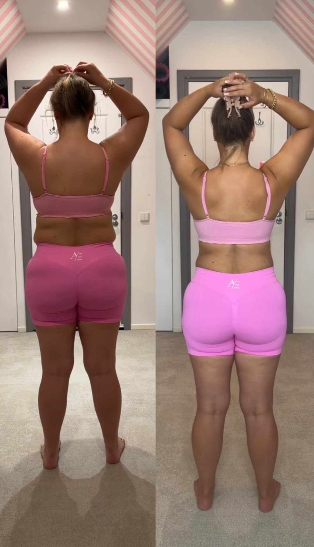 Back view of Theodora's transformation in pink activewear
